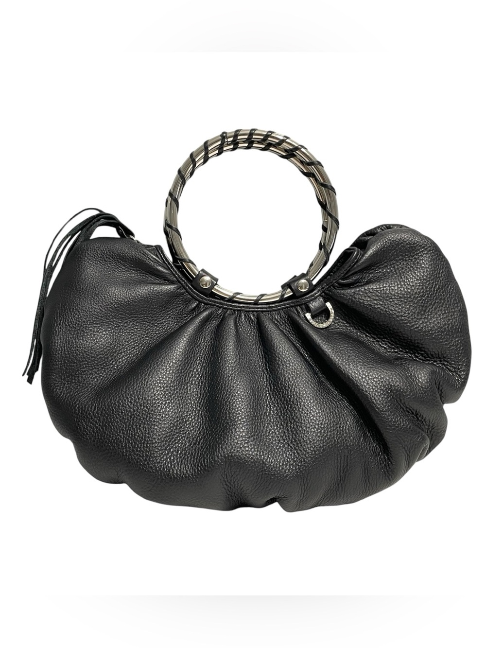 Vintage Babee D  Black Leather Ring-Handle hobo bag handbag boho western